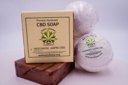 CBD soap and CBD bathbomb products from South Central Hemp Co-op on display.